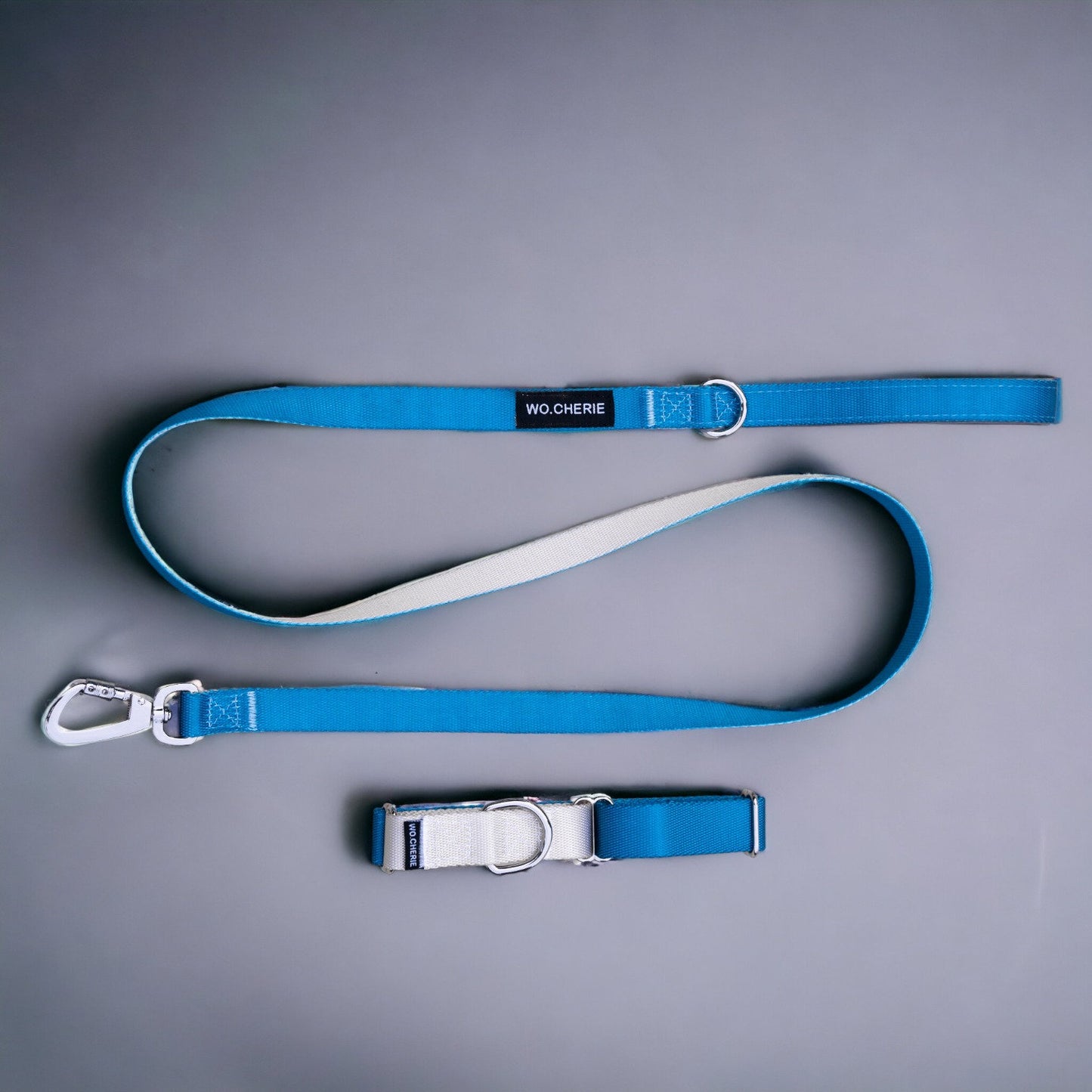 Blue grey martingale dog collar and leash walking set, 25mm Wide Martingale Collar and Leash Set for Dogs