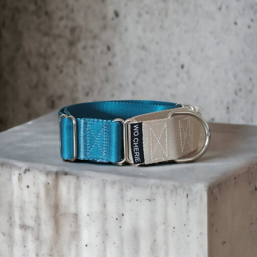 Dark turquoise Martingale greyhound dog collar, 40mm wide, leash optional