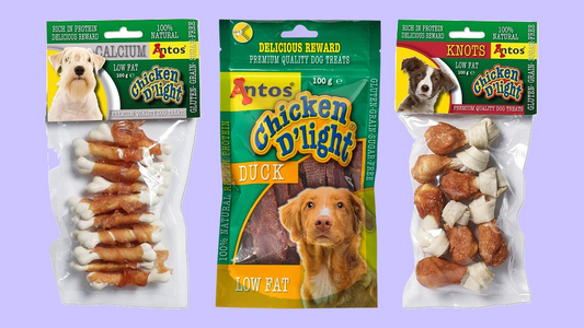 Three packages of Aptos Chicken Delight dog treats arranged side by side on a light purple background: a calcium chew treat pack, a 150 g duck treat pack, and a rotvos chew treat pack.