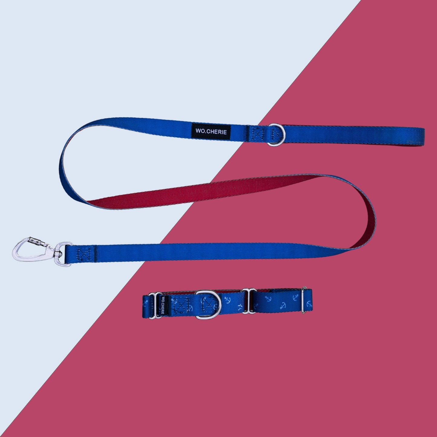 Blue red anchors martingale dog collar and leash walking set, 25mm Wide Martingale Collar and Leash Set for Dogs